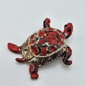 VINTAGE Handmade Gold Tone and Red Turtle Brooch Pin C Clasp Ocean